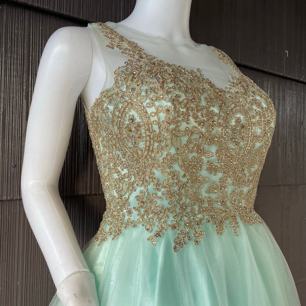 🔥Let’s Aqua Mesh Illusion Neck Gold Lace Appliqué Tulle Party Babydoll Dress - Picture 6 of 16